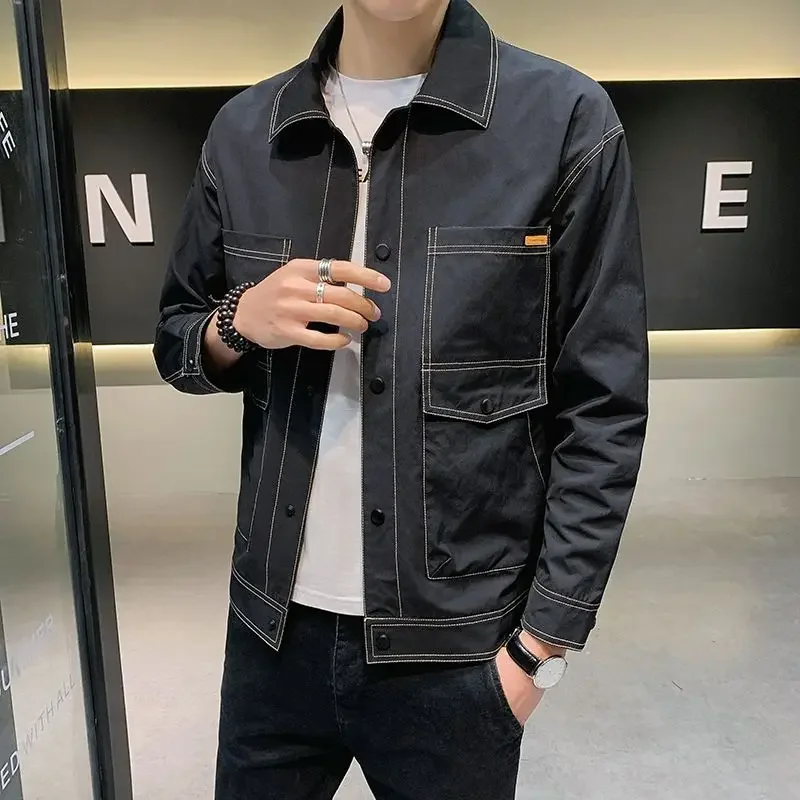 Весна-Осень 2024 тонкий облегающий Мужской рабочий топ с лацканами для молодежи