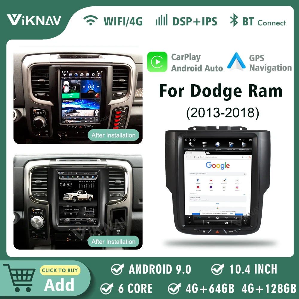 

Автомобильный стерео-радиоприемник 10,4 дюйма на Android для Dodge RAM 1500, 3500, 2013-2018, автомобильный мультимедийный плеер с GPS-навигацией, головное устр...