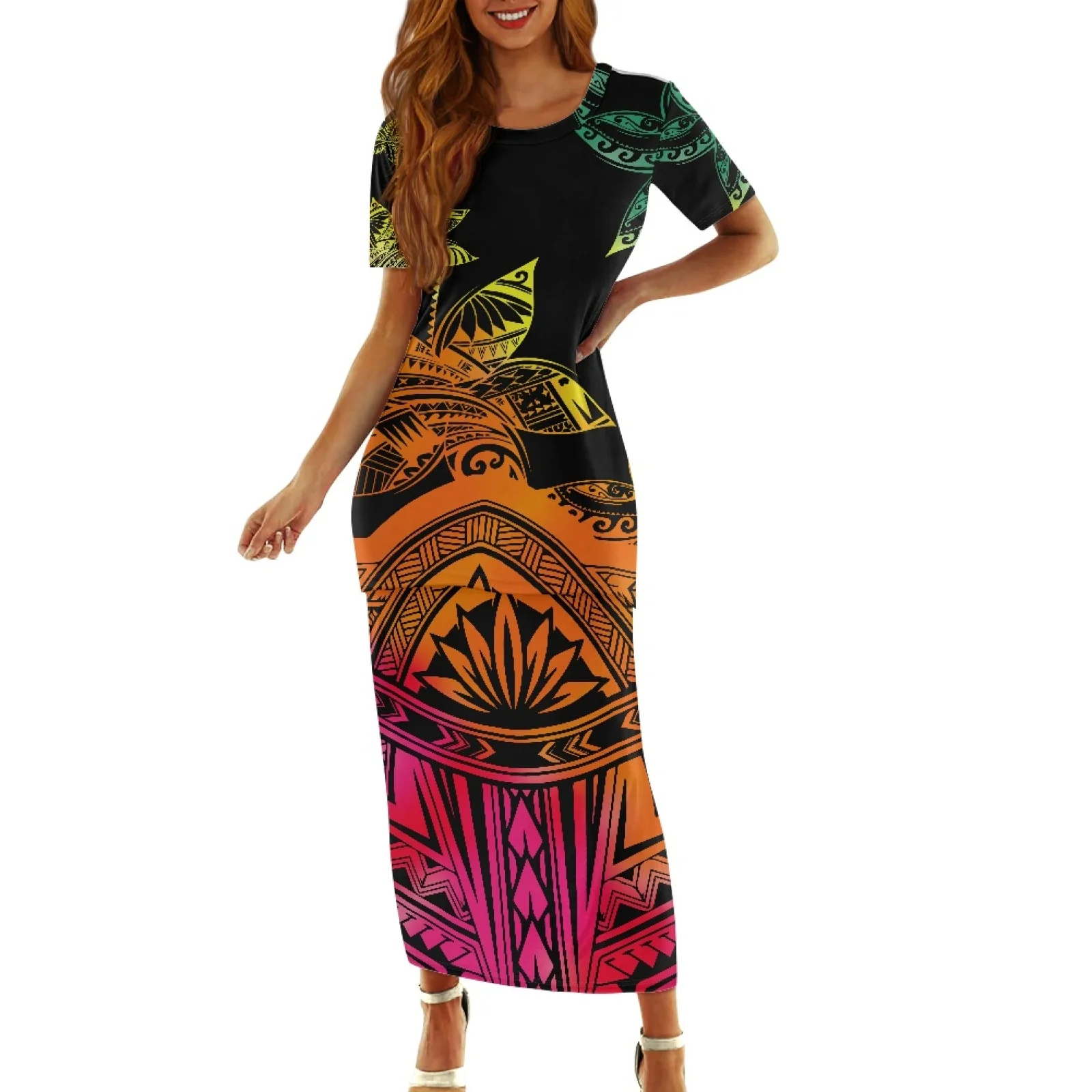 

Polynesian Tribal Samoan Totem Tattoo Samoa Prints Rainbow Stripe Print Dress Beach Party Casual Maxi Long Dress Two Piece Set