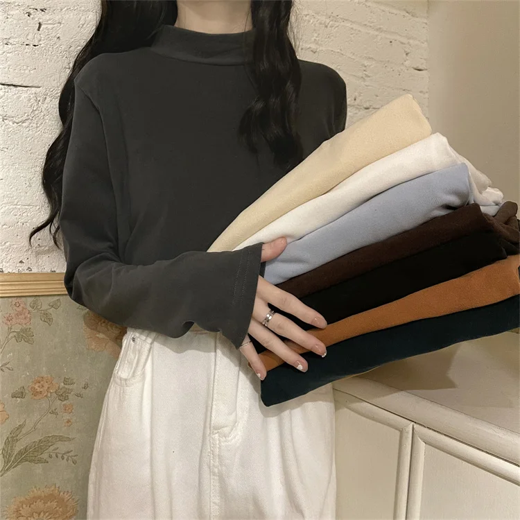 

Women Casual Velvet Long Sleeve T-Shirts Spring Autumn Solid Slim Fit Pullovers Tees Shirts Female Streewear Base Tees Tops