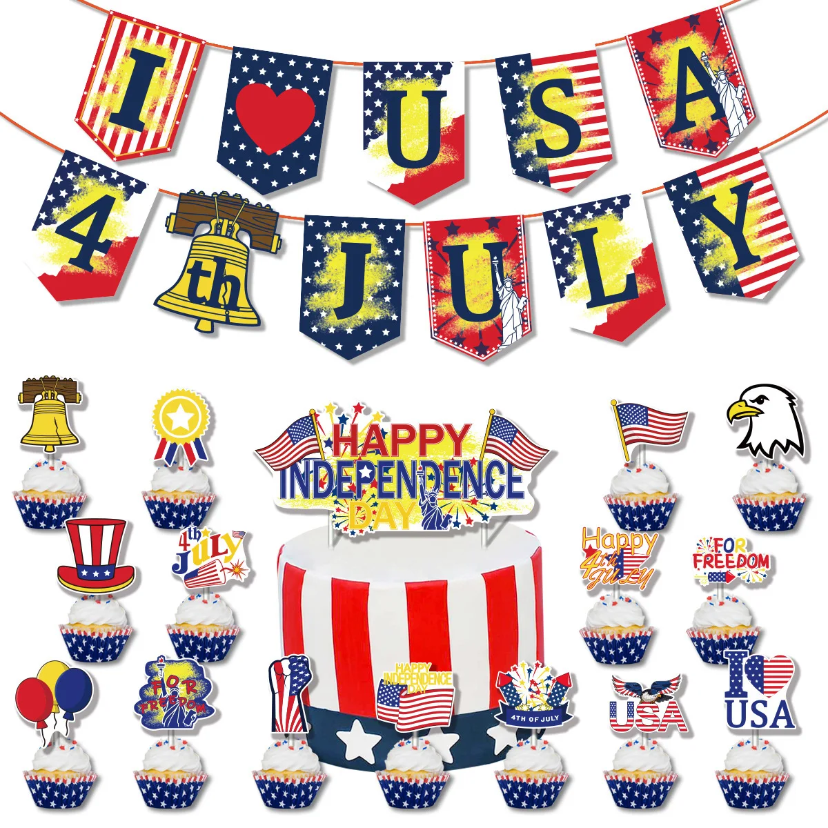 

Празднование Дня независимости 4 июля, тематическая вечеринка, тяговый флаг, доска для торта, баннер на американский День образования, флаг, ...