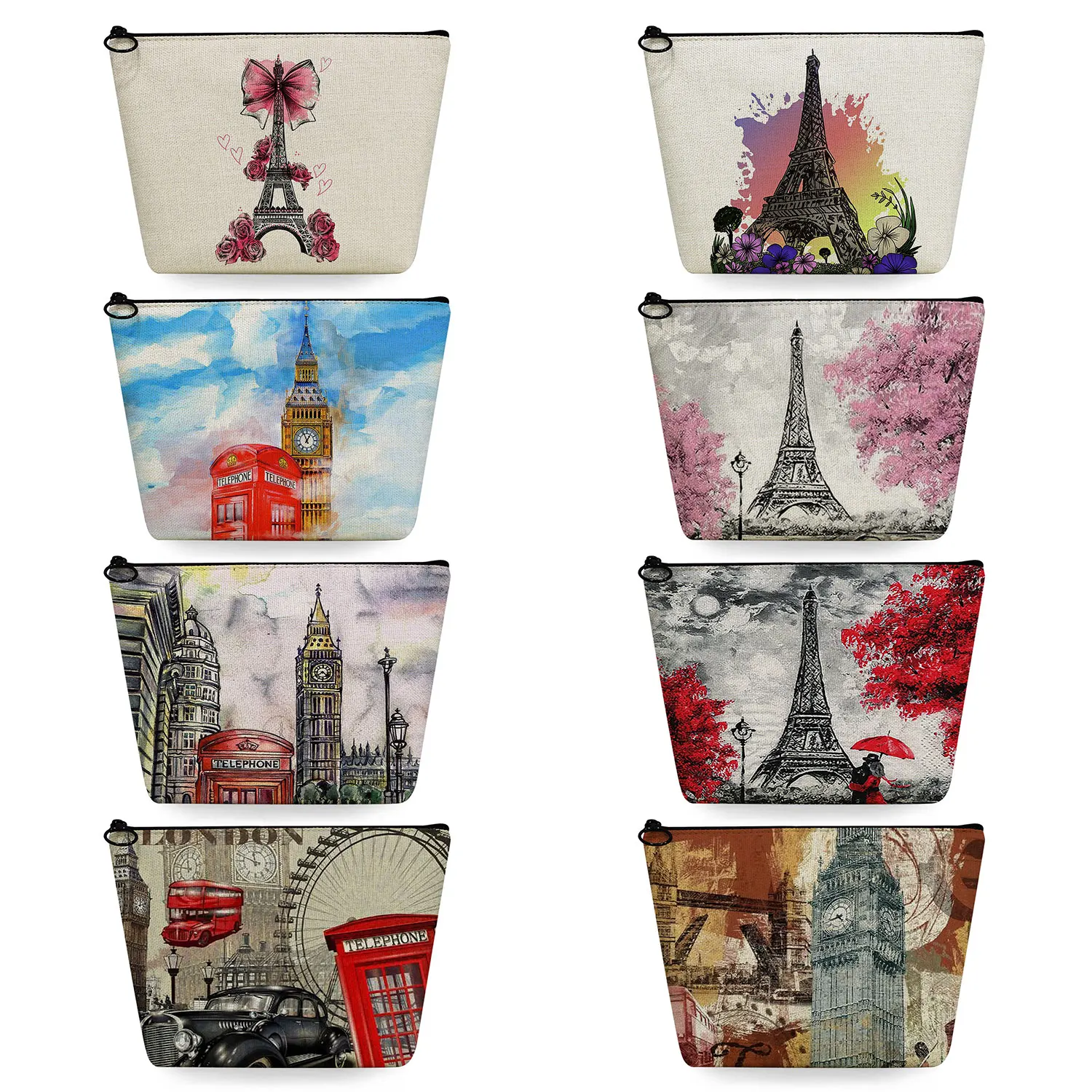 

Travel Toiletry Bags Eiffel Tower Big Ben Print Women's Cosmetic Bag Makeup Organizer Famous Building Fashion School Pencil Case