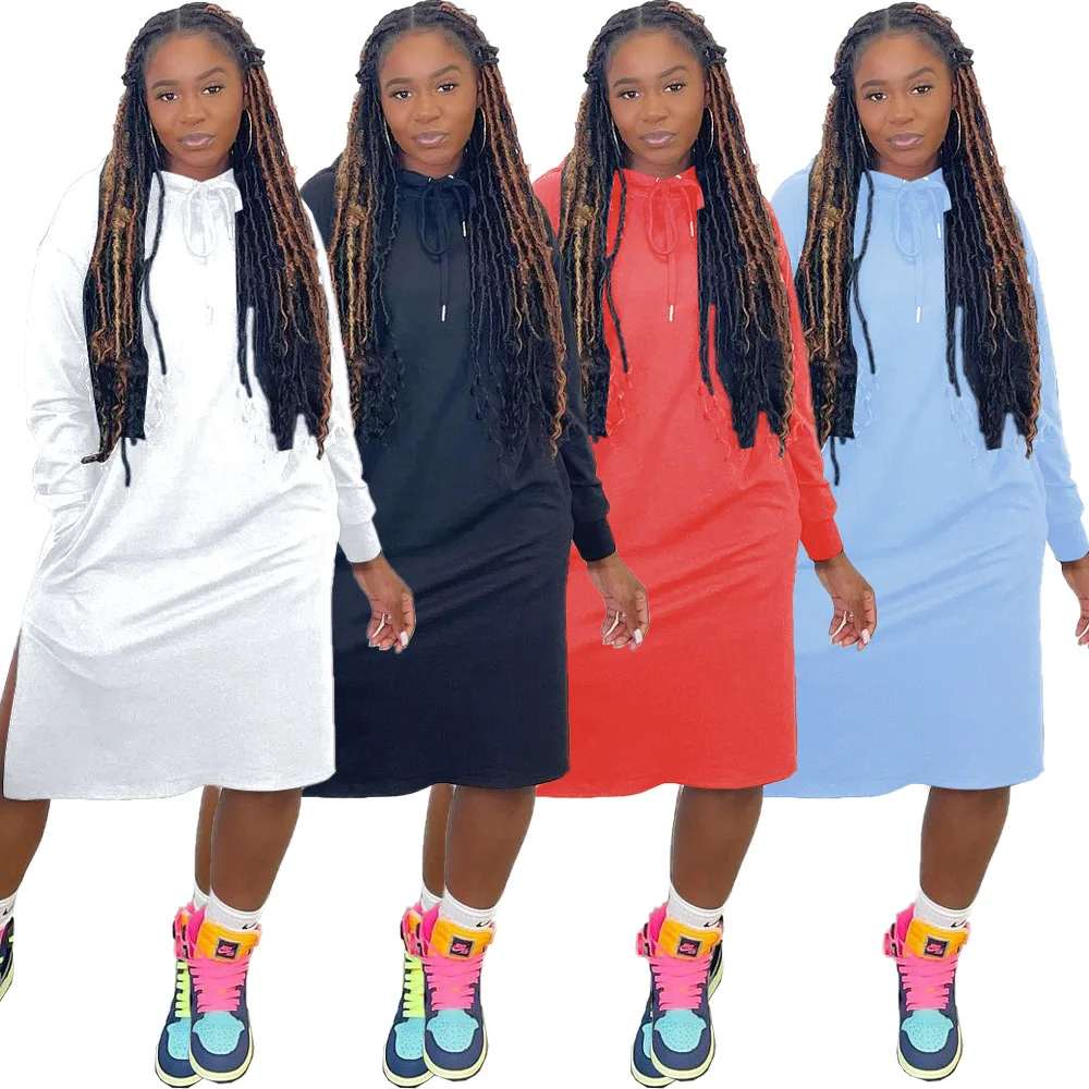 

European Beauty Sexy Streetwear Solid Color Hooded Casual Loose Pocket Dress woman dress