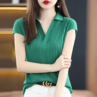 fashion lapel solid color short sleeve shirt summer all match casual pullovers 2022 women clothing loose commute knitted blouse