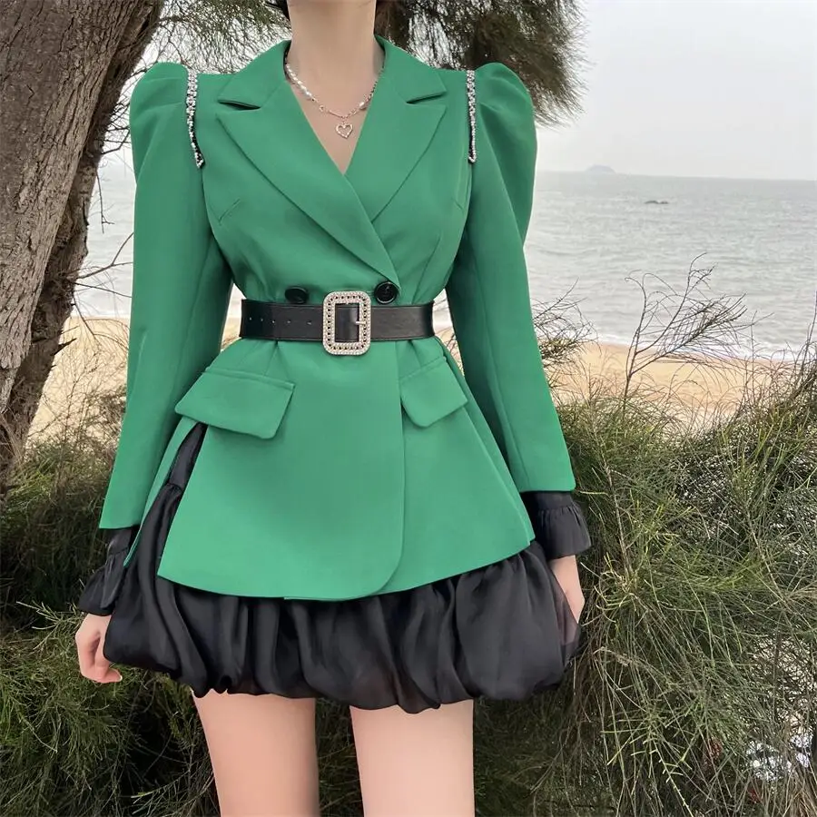 

Женский костюм из двух предметов, весенний облегающий костюм из блейзера с поясом и бальной юбки, 2023