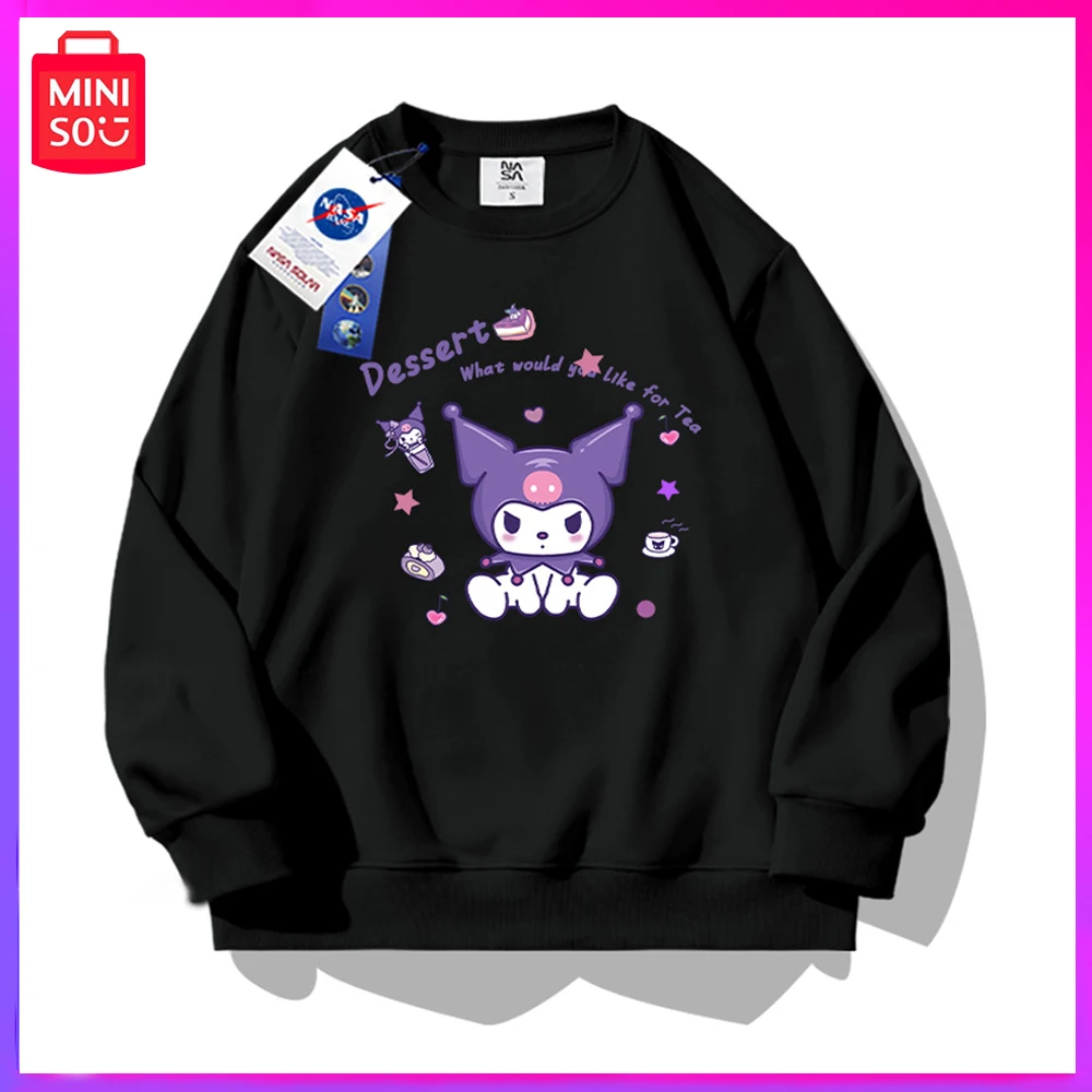 

Miniso Sanrio Kuromi, новинка, Осенний Повседневный Свободный пуловер в стиле преппи, топ с длинными рукавами для пар, черный, на день рождения, рождественские подарки для девочек и мальчиков