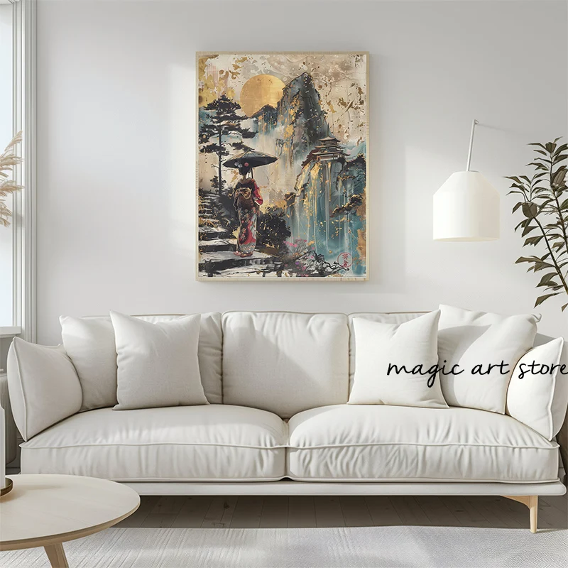 Ретро Moody японская геиша женщина Горный пейзаж картина Kanji художественный постер