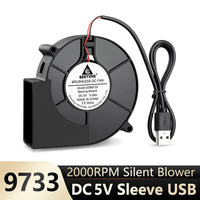 Gdstime DC 9733 5V USB Blower Fan  97mm 97 x 33mm 2000RPM Sleeve Bearing Low Noise Blower for Cabinets BBQ Centrifugal Turbo Fan