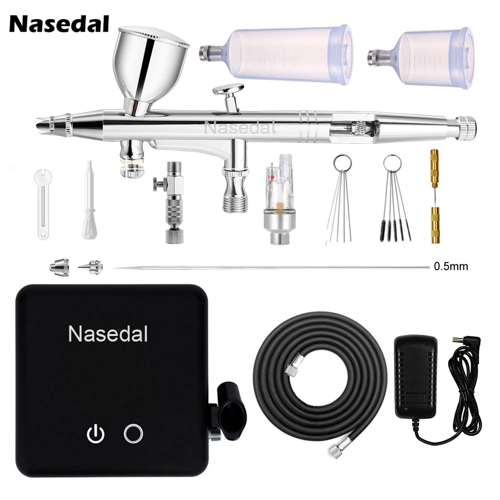 

Набор аэрографов двойного действия Nasedal 0,3/0,5 мм, 36PSI, компрессор с автоматическим остановком, обновленная насадка для модели автомобиля, инструмент для дизайна ногтей, торта