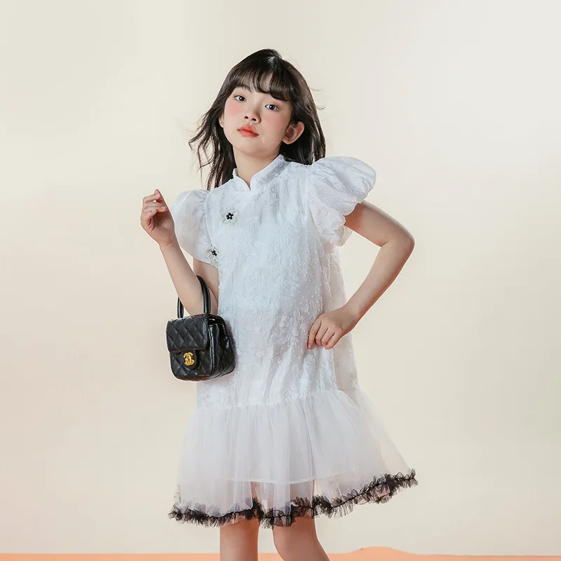 

Girls Summer Dress White Cheongsam Style Children Party Princess Dresses Short Puffy Sleeves Kids Boutique Costumes 12 13 Years