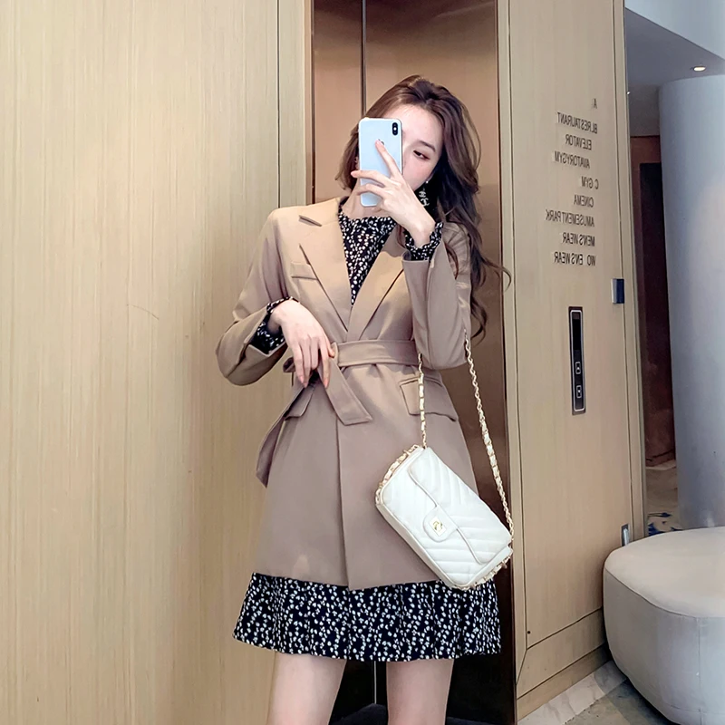 

Coffee color long women clothing commuter coat 2022 autumn winter new design Korean fashion office lady notched slim blazers