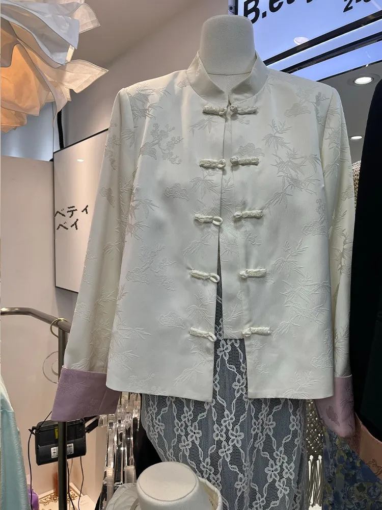 Жаккардовая рубашка контрастного цвета с воротником-стойкой новая китайская