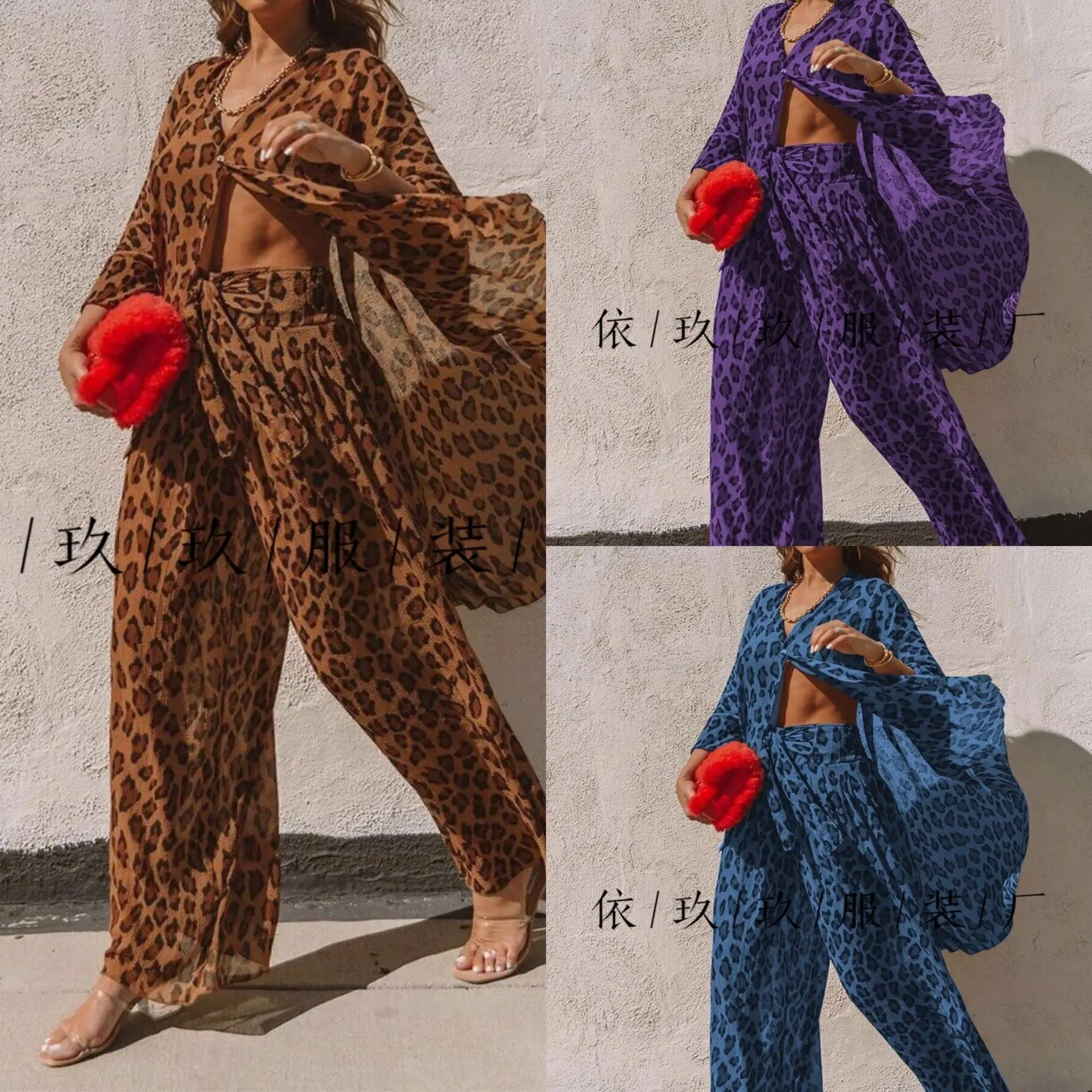 

Женский комплект свободного покроя, рубашка с леопардовым принтом и широкие штаны, 2023