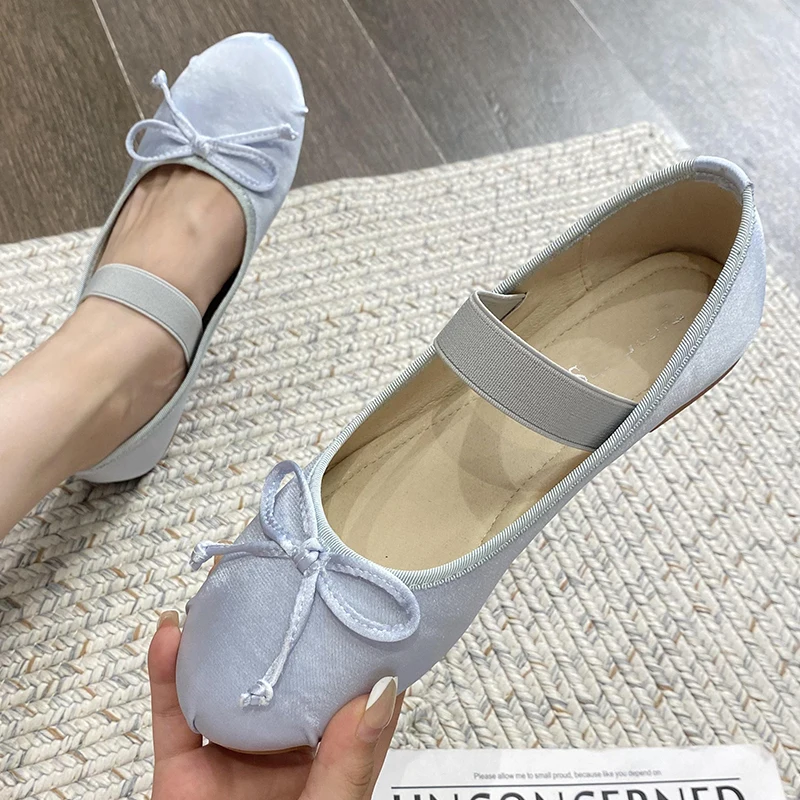 

Балетки женские с круглым носком, шелковые танцевальные туфли на плоской подошве, с бантом-бабочкой, лето 2023