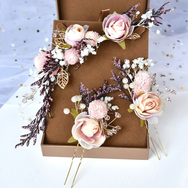 

Handmade Chiffon Dried Flower Hair Pin for Women BOHO Brides Wedding Tiara Artificial Flower Headdress Hair Clip Hair Jewelry