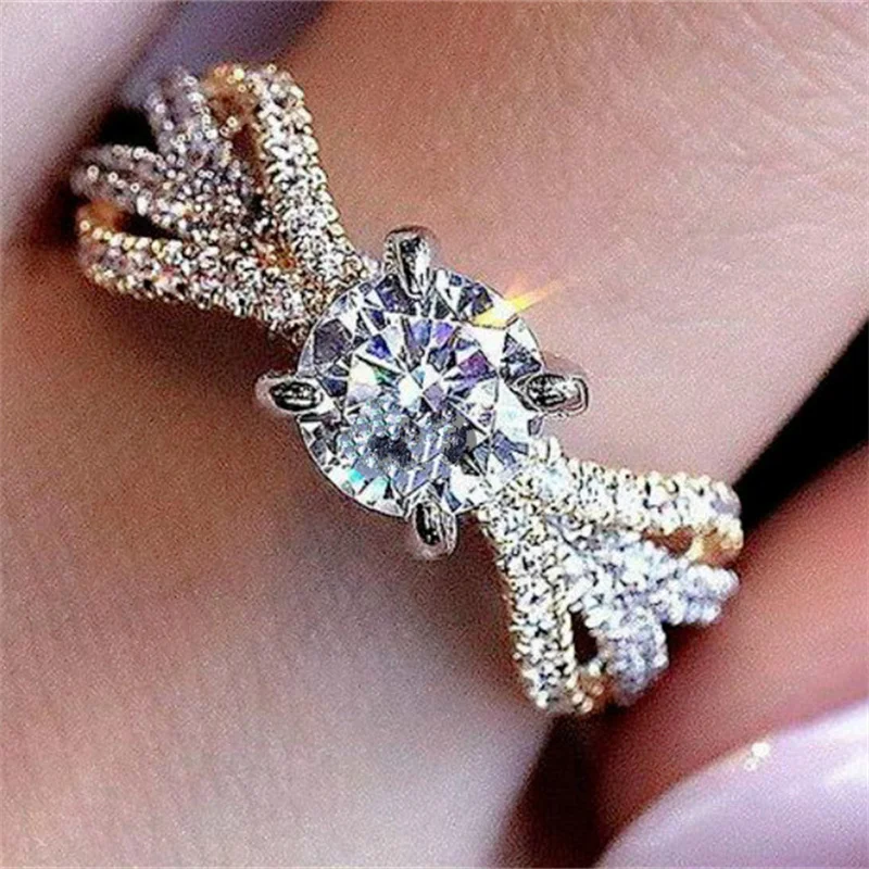 

Luxury Delicate Silver Gold Colors Rings for Women Trendy Metal Inlaid White Stone Wedding Engagement Jewelry