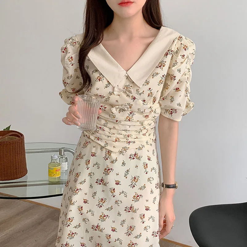 

Korean Fashion Chic French Sweet Temperament V-neck Bow Pleated Waist Design Puff Sleeve Floral Dress Vestido Feminino