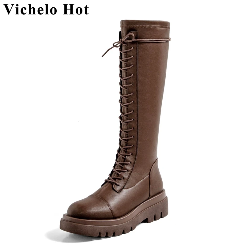 

Vichelo Hot Cow Split Leather Round Toe Med Heels Riding Long Boots Platform Cross-tied Zip Large Size 43 Chic Thigh High Boots