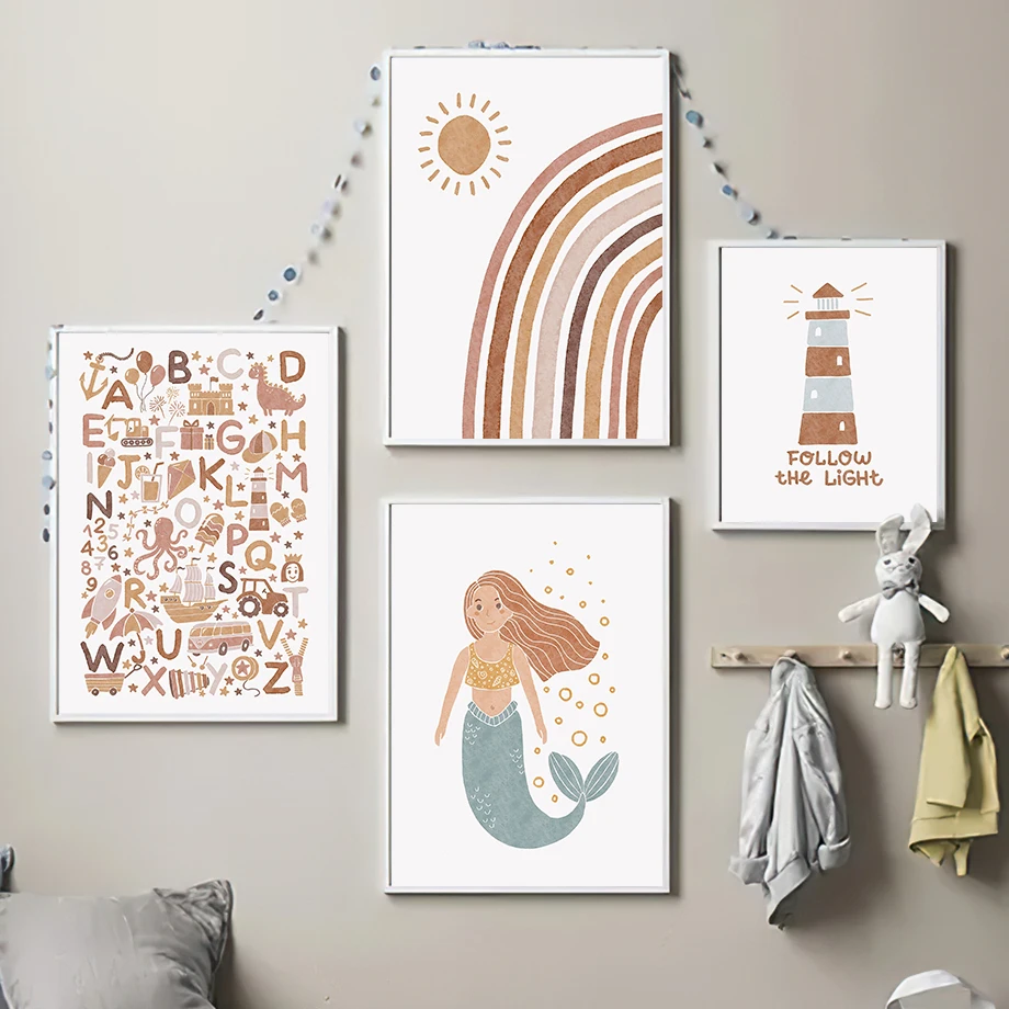 Настенная Картина на холсте с изображением милой русалки и месяца для маленьких