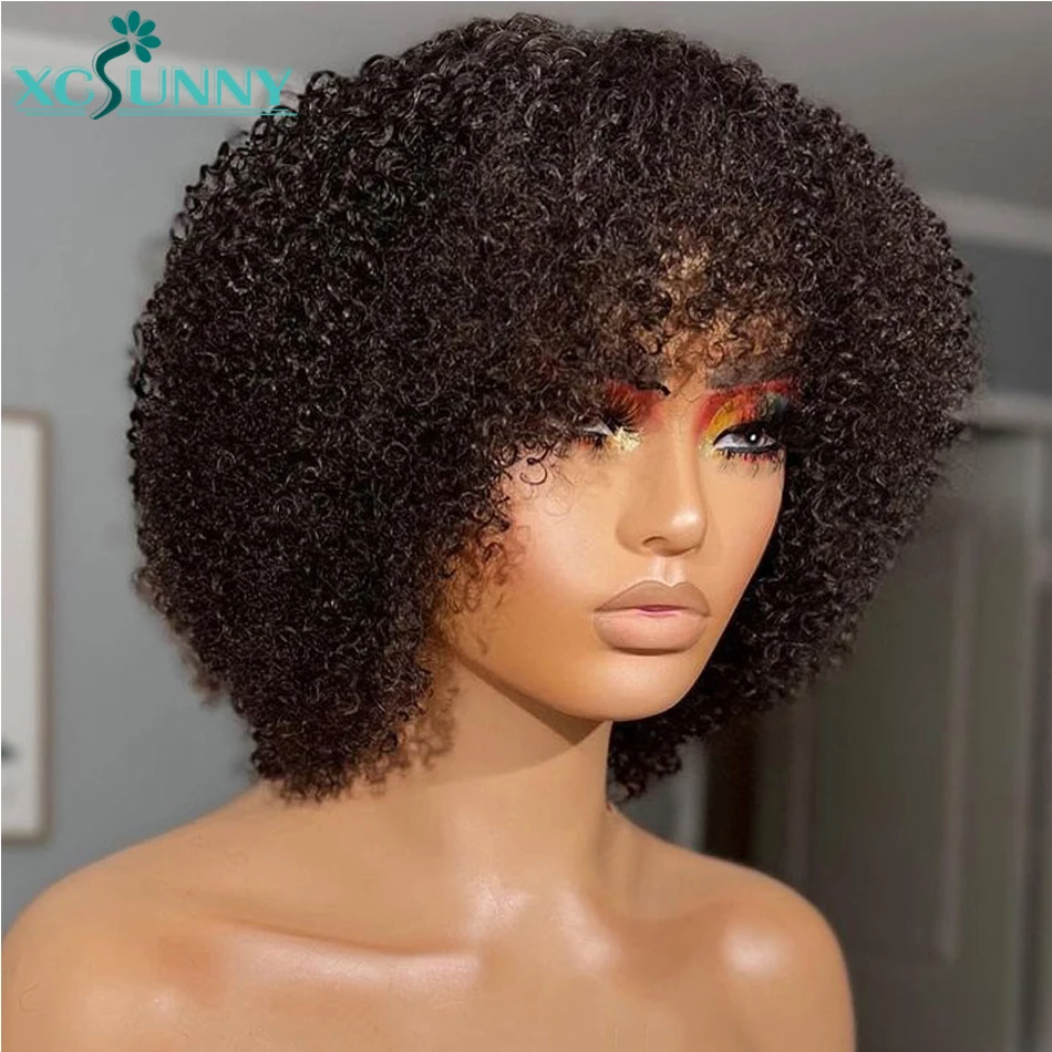 

Black Wig With Bangs Human Hair Kinky Curly Wigs 200 Density Curly Wig Remy Brazilian Machine Made Scalp Top Wig For Women