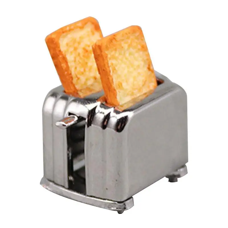 

Pretend Play Kitchen Wooden Baking Toy Simulation Mini Bread Machine Model Miniature Alloy Toaster Mini House Accessory Decor