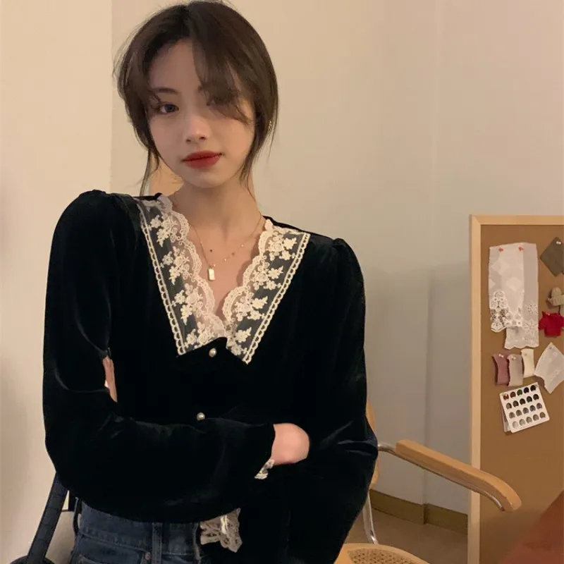 

Женская бархатная рубашка с длинным рукавом, с кружевными краями, осень 2022