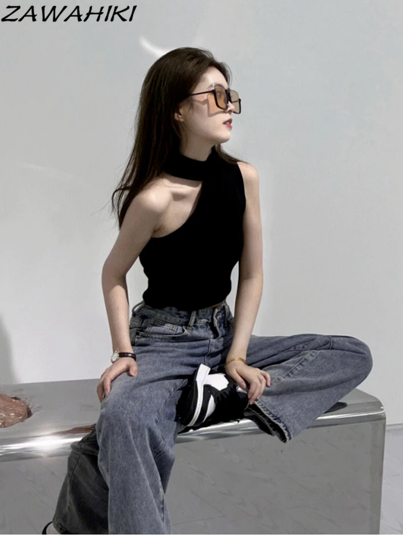 

American Y2K Aesthetic Sleeveless Crop Top Chic Design Slim Black Summer New Solid Color Hollow Out Off Shoulder Chic T Shirt