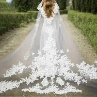 3d appliques one layer ivory wedding wrap long bridal jackets cape custom made top lace tulle elegant cathedral wedding veil