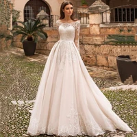 elegant o neck wedding dress with lace appliques long sleeve modern button bride dress a line sweep train tulle vestido de noiva