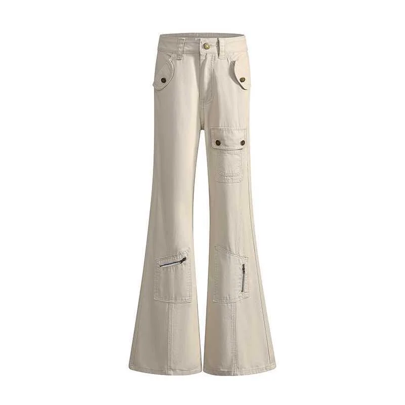 Бежевые брюки-клеш брюки-карго повседневные корейские модные дизайнерские брюки