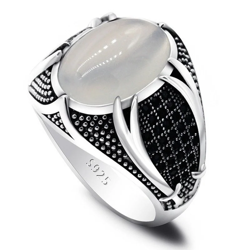 

New European and American retro machete men's ring antique silver AAA black zircon two knife ring