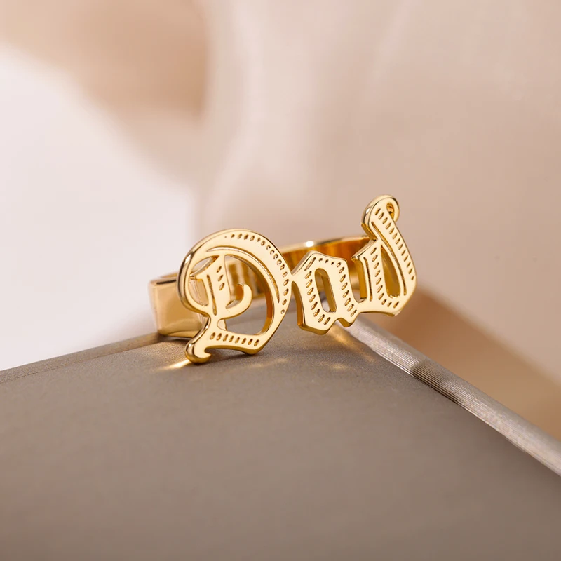 Gothic Mom Dad Letter Rings for Women Stainless Steel Gold Color Men Punk Ring Vintage Handcrafted Wedding Jewelry Gift
