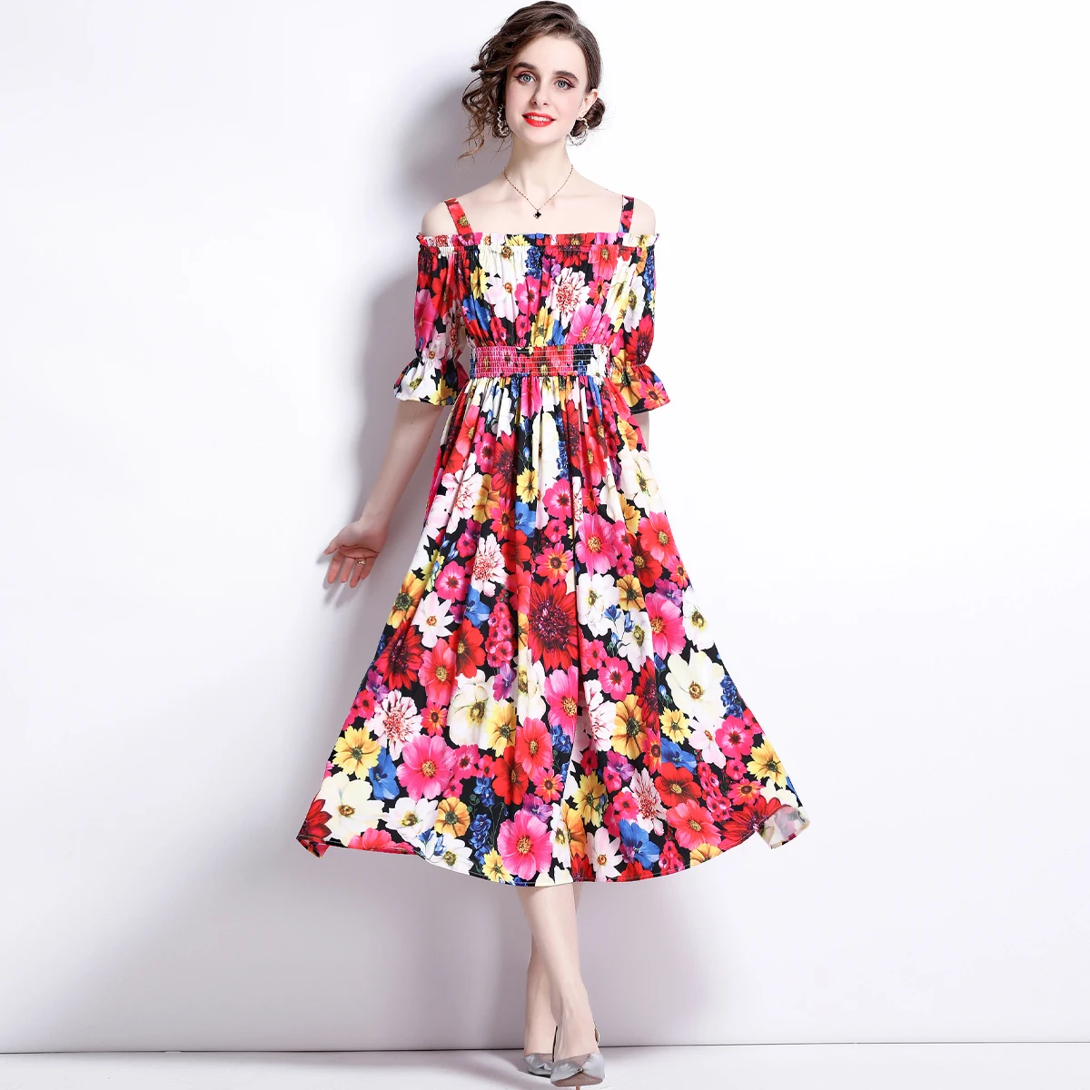 

Fashion Designer Summer Slash Neck Maxi Dress Women Spaghetti Strap Ruffles Camellia Print Elastic Waist Bohemian Long Dresses