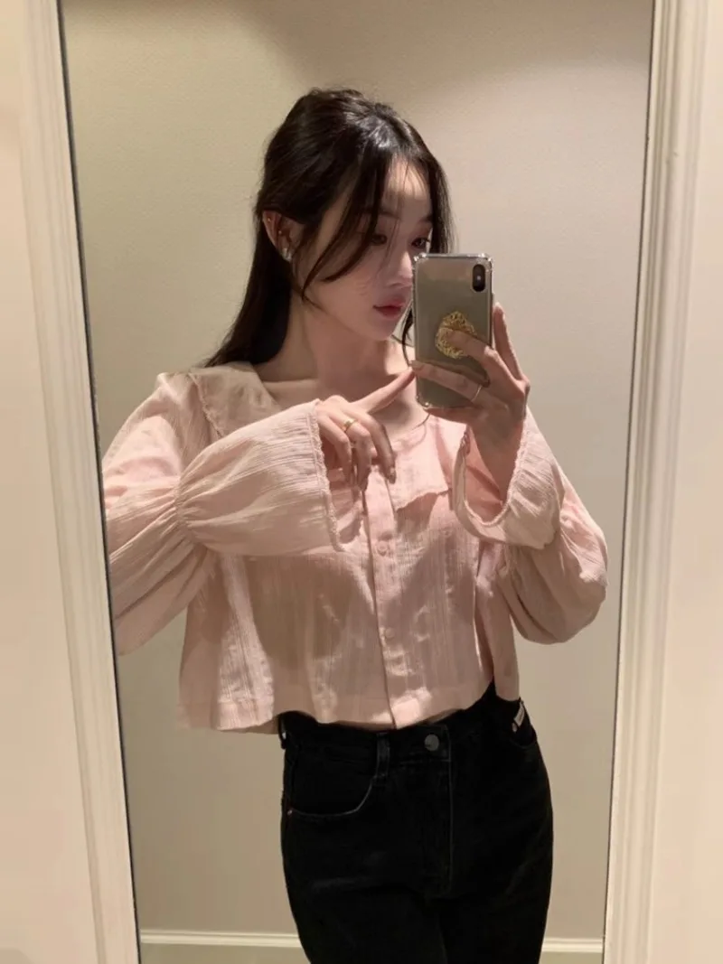 Женские рубашки с милыми оборками блузки расклешенными длинными рукавами Blusas Mujer