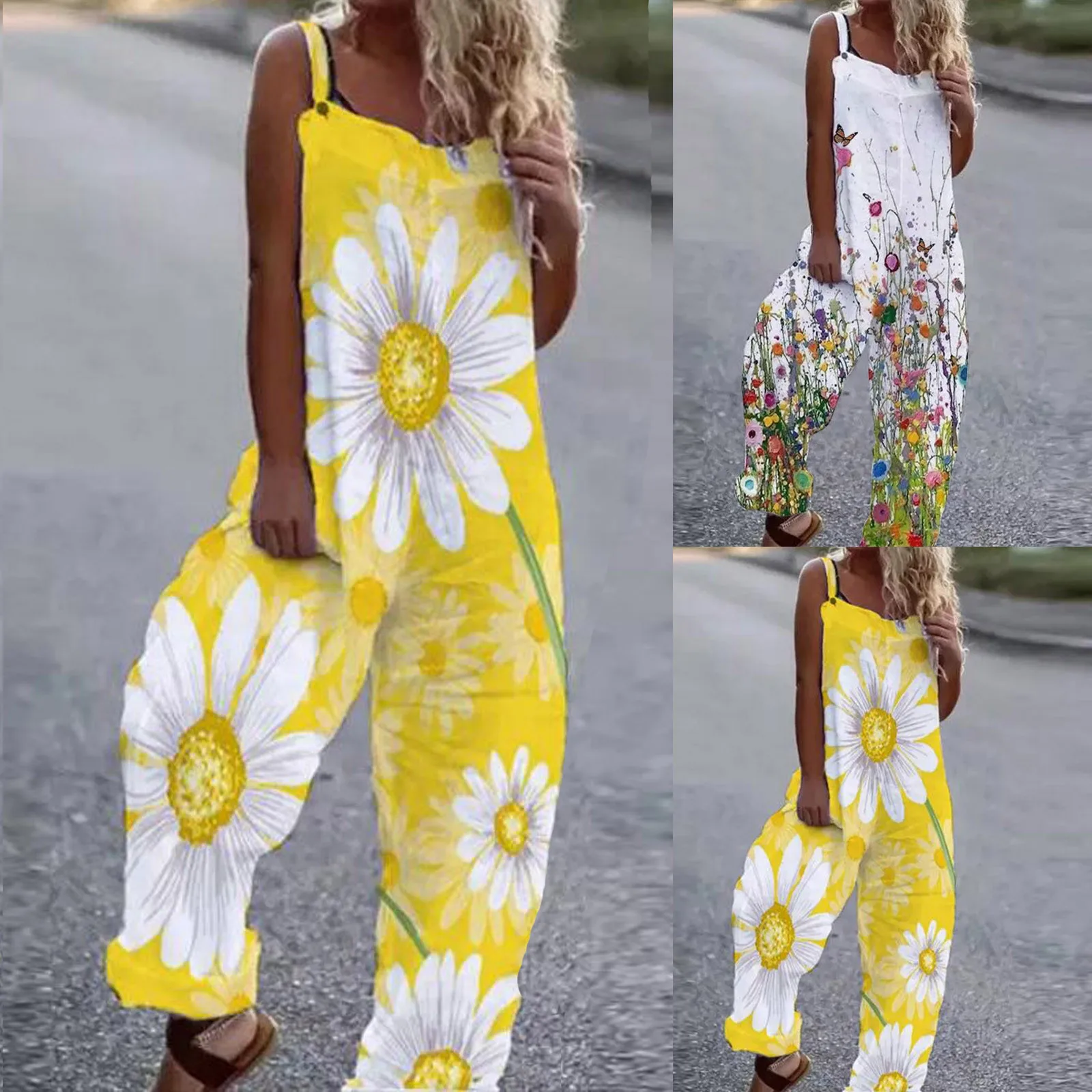 

Floral Print Wide Leg Women Jumpsuit Vintage Temperament Loose-fitting Sleeveless Beach Jumpsuit Streetwear For Holiday