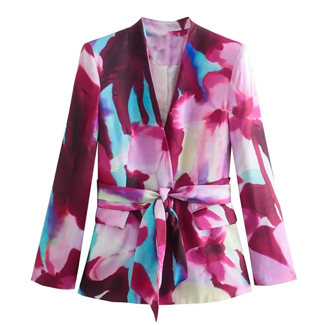 

Maxdutti England Style Floral Casual Jacket Women Print Fashion Sashes Blazers