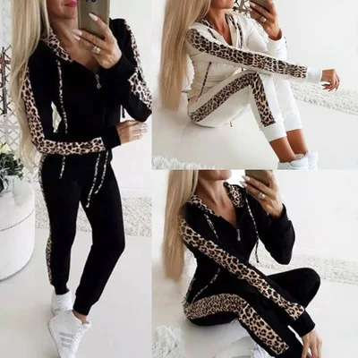 

2022 New Spring and Autumn Women's Clothing Leopard Print Long Sleeve Printed Zipper Sweater Trousers Set Women's Clothing
