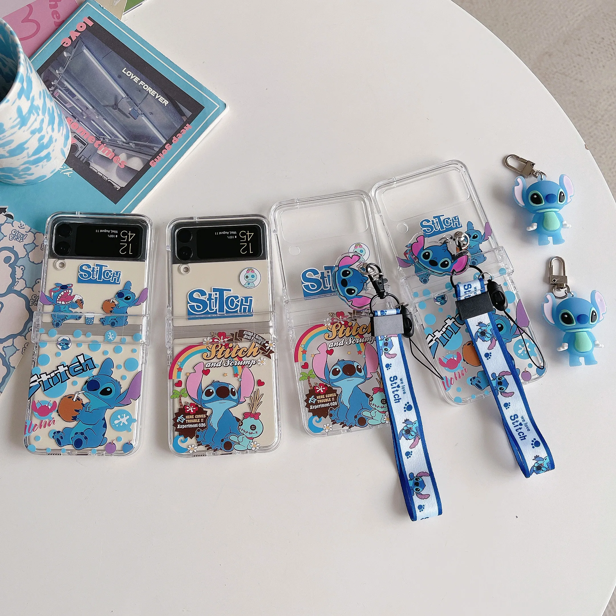 

Cute Disney Stitch pendant with lanyard Phone Case for Samsung Galaxy Z Flip 3 Hard PC Back forZ Flip 4 Case Protective Shell