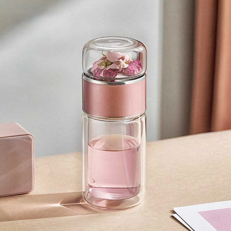 

280ML Tea Water Bottle High Borosilicate Glass Double Wall Tea Water Cup Portable Glass Tumbler Stainless Steel Tea Filter