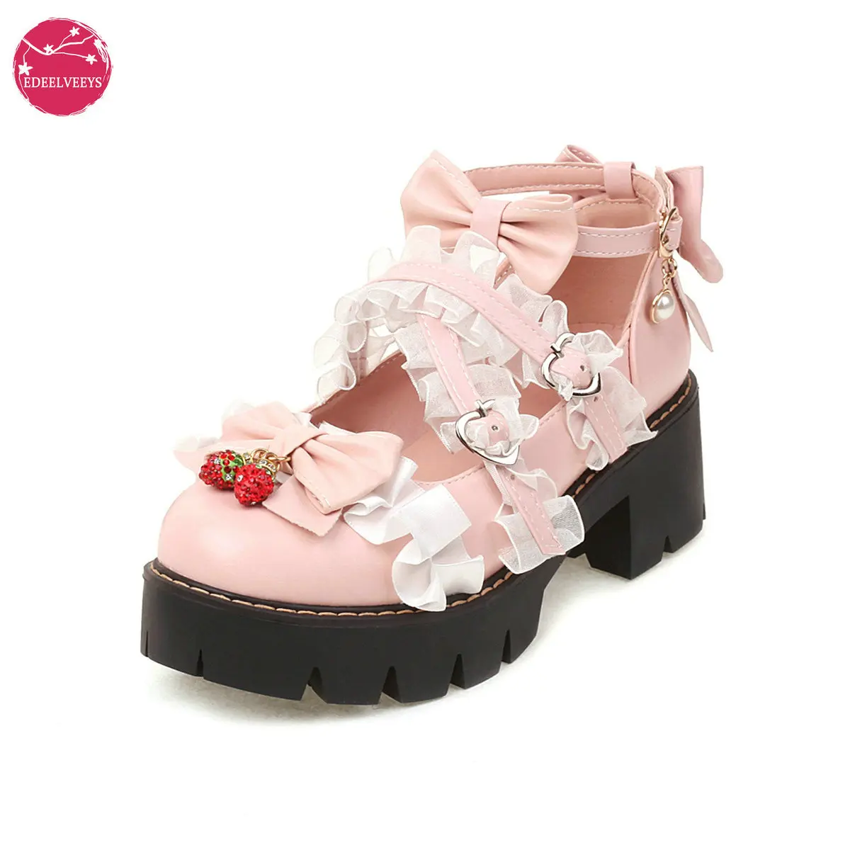 

Sweet Girls Anime Cosplay Lolita Shoes Jk Platform Japanese Harujuku Preppy College Students Kawaii Cute Strawberry Women Pumps