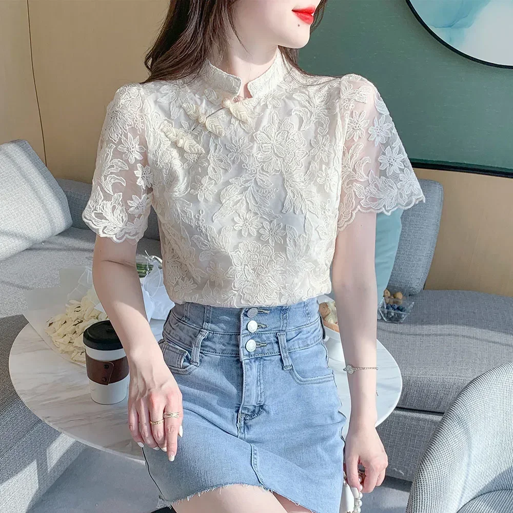 Женский топ Cheongsam с короткими рукавами и кружевной пряжкой в китайском стиле