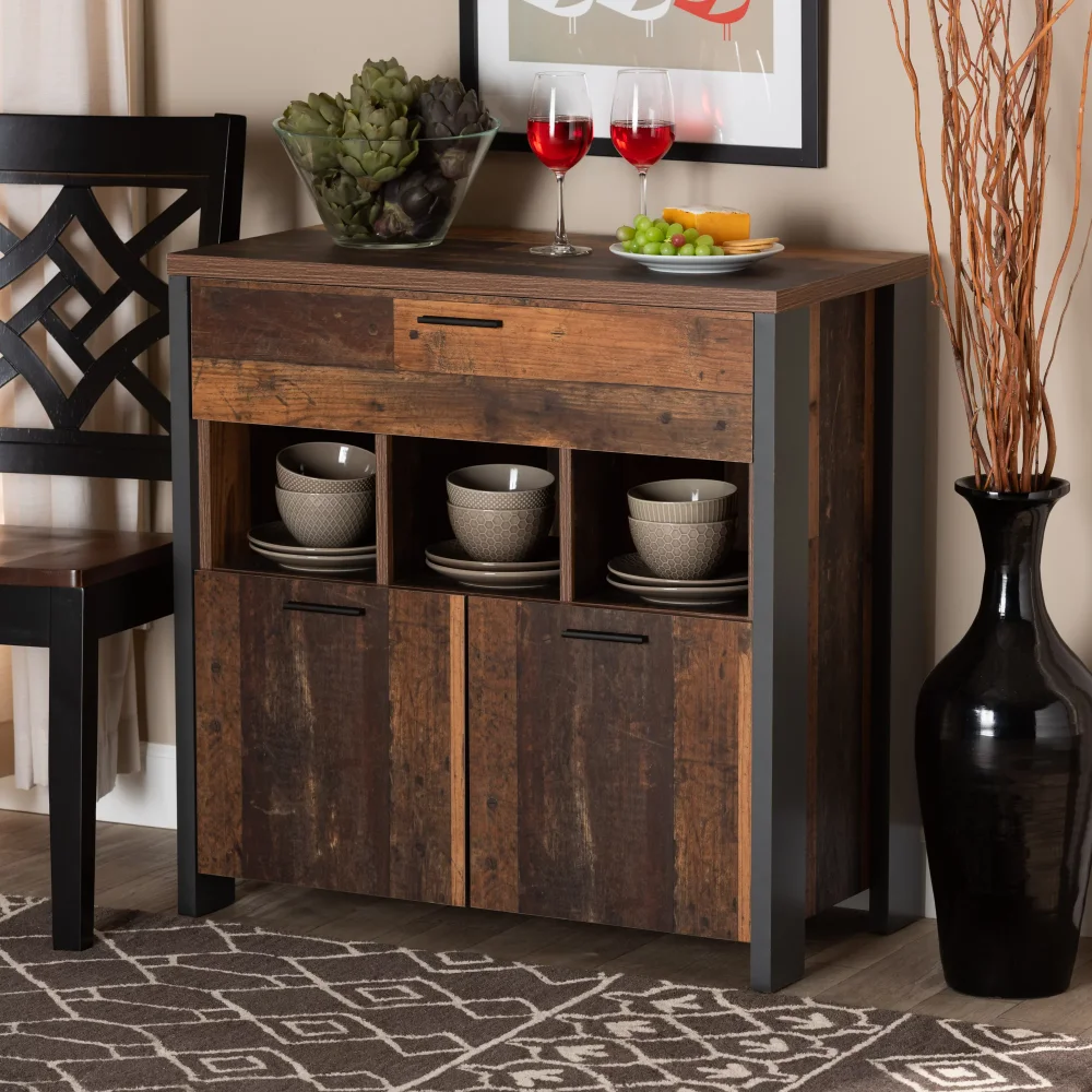 

Ranger Mid-Century Modern Two-Tone Rustic Brown and Grey Finished Wood 1-Drawer Sideboard Buffet