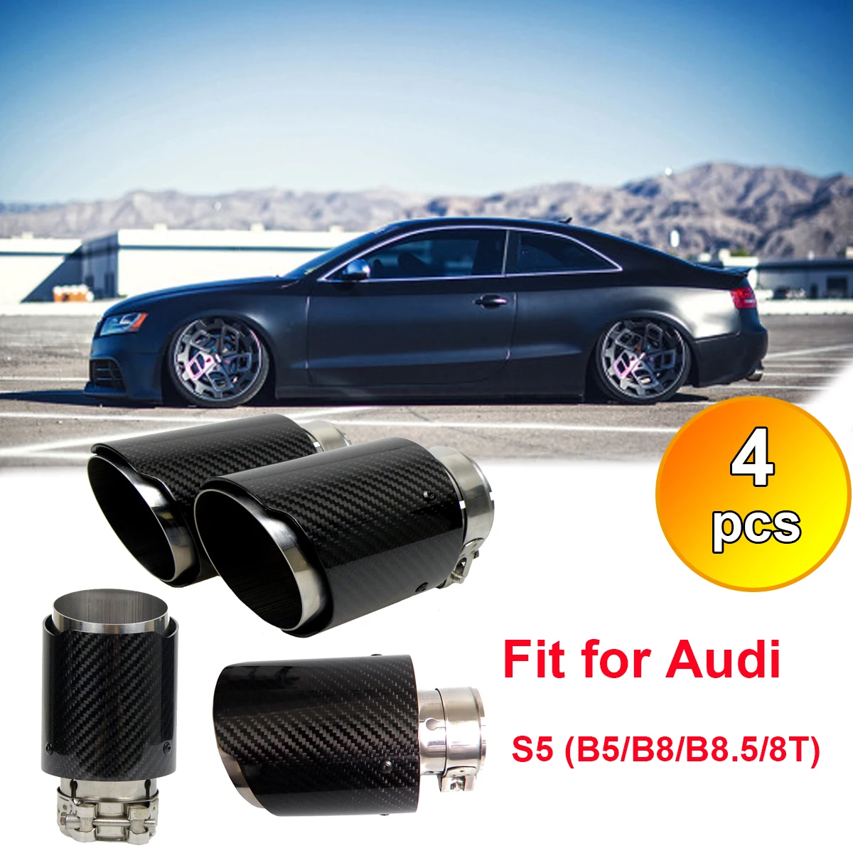 

Four Pieces Car Carbon Fiber Muffler Exhaust Tip End Pipe with Logo for Audi S5 B5 B8 B8.5 Turbo 8