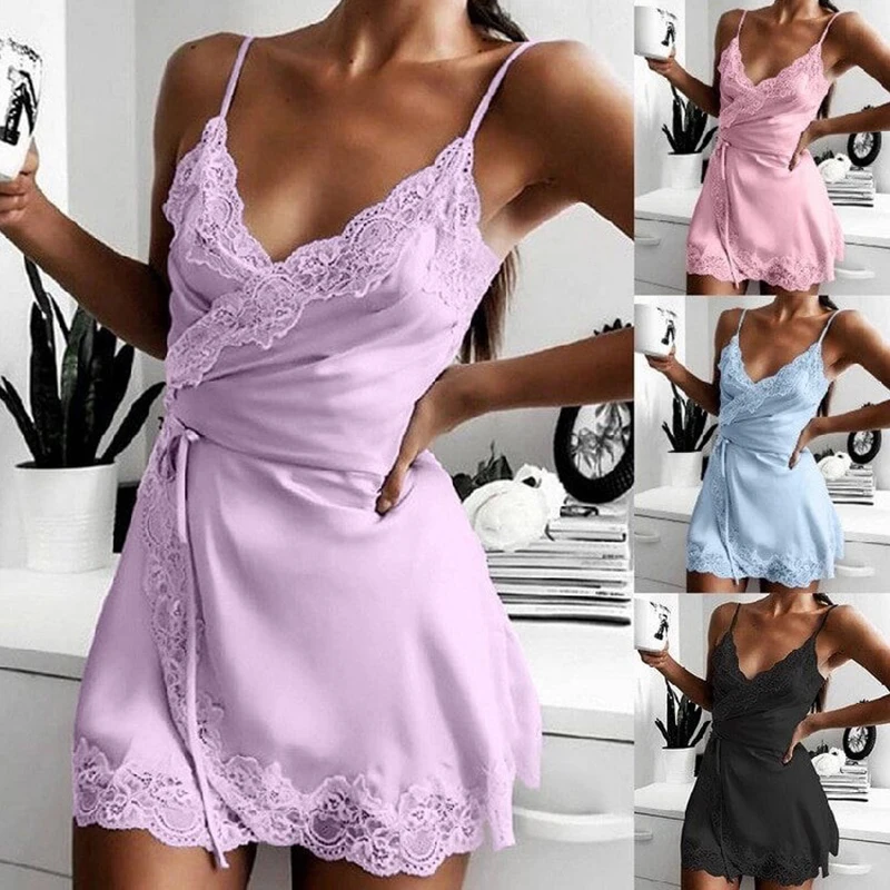 

New Ladies Silk Sling Nightdress Women's Sexy Lingerie Satin Sleepwear Lace Cup V-neck Nightwear