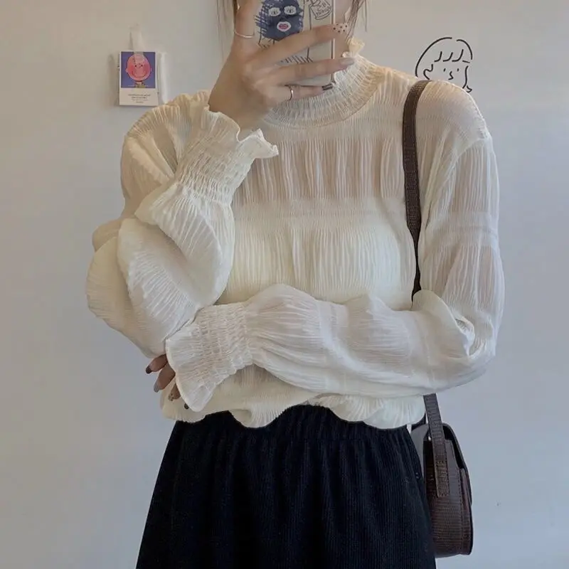 

Spring Women's Oversize Chiffon Blouses Half Turtleneck Stringy Selvedge Design Loose Long Sleeve Female Cozy Shirts Pleated Top