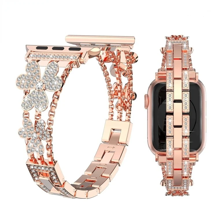 

Applicable to Apple Watch se1-7 Generation Iwatch Series Clover Apple Metal Watch Strap With Rhinestone Women's Bracelet