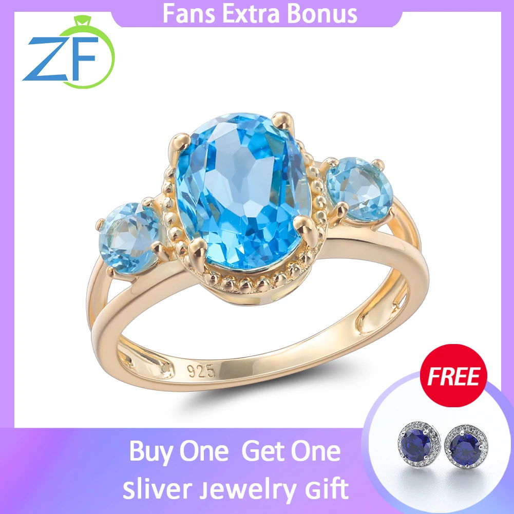 

GZ ZONGFA Pure 925 Sterling Silver Ring for Women Mystic Natural Blue Topaz 4 Carats 14K Gold Plated Fashion Fine Jewelry