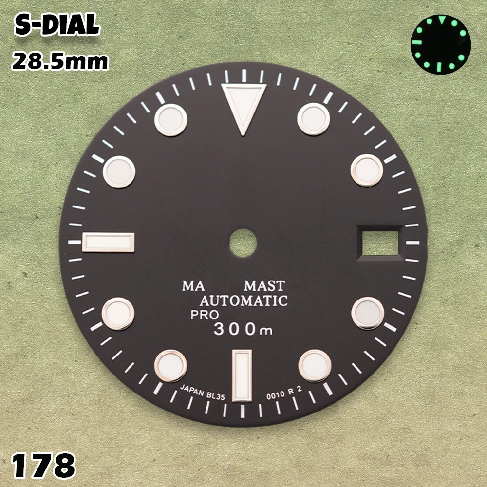 Фото Циферблат NG S Logo 28,5 мм SUBMARINE для механизмов NH35/NH36/4R, с зеленым люминесцентным покрытием C3, для мужских часов, аксессуары для модификации и ремонтные детали. №2