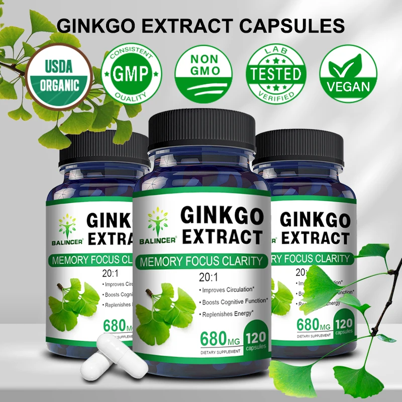 

Ginkgo Biloba Extract - Helps Improve Concentration and Memory, Reduces Stress, Curbs Fat, and Enhances Cognitive Function