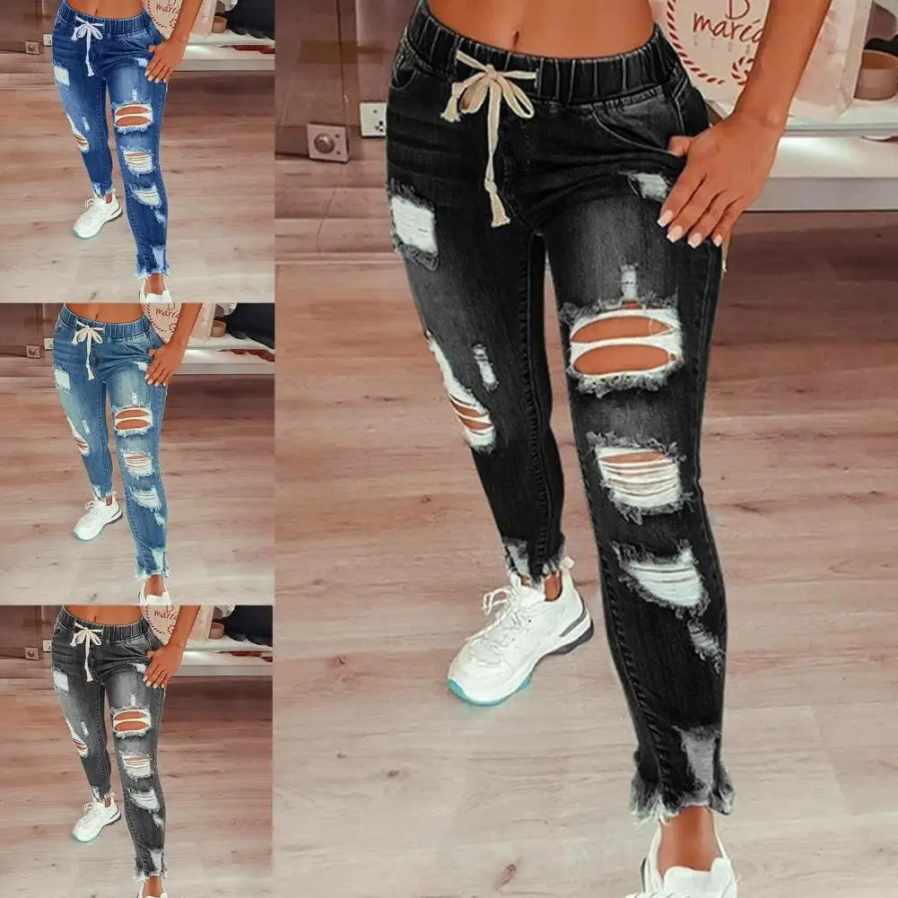 

2023 Womens Stretch Skinny Ripped Hole Washed Denim mom Jeans Female Slim Jeggings High Waist Pencil y2k Pants Trousers